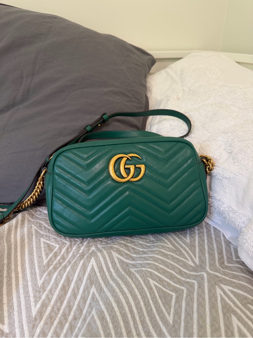 Gucci Green Chevron GG Marmont Small Camera Bag with Gold Hardware
